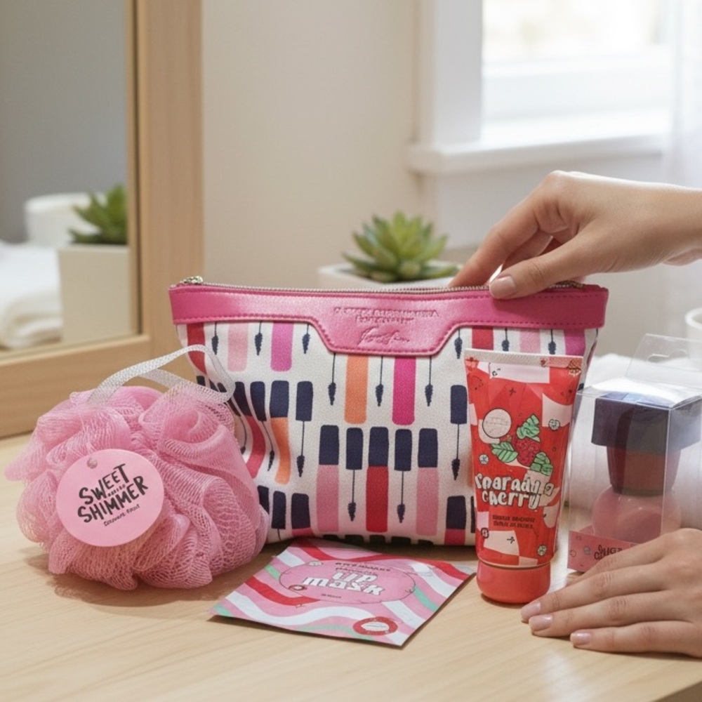 Estée Lauder Lipstick Print Cosmetic Bag w/ Sweet Shimmer Beauty Set